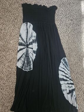 Boho Hippie Black Tie-Dye Strapless Dress Size S